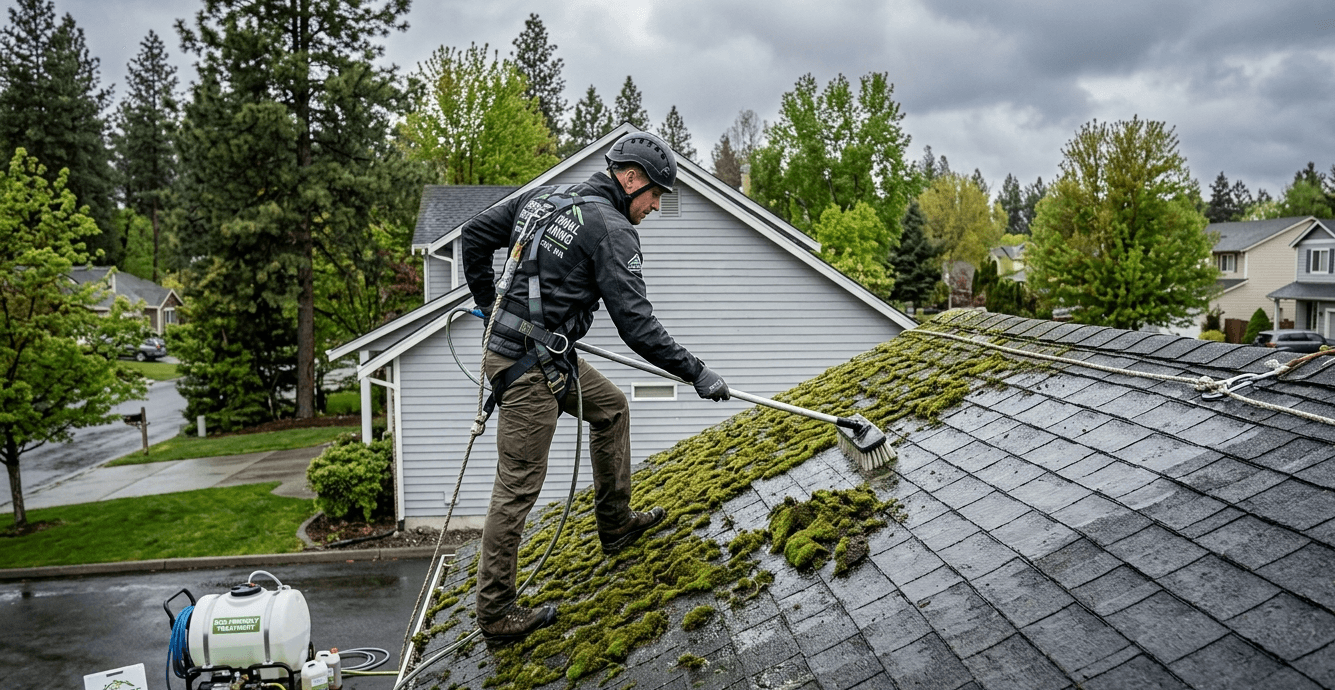 Roof moss being carefully removed by hand with a brush