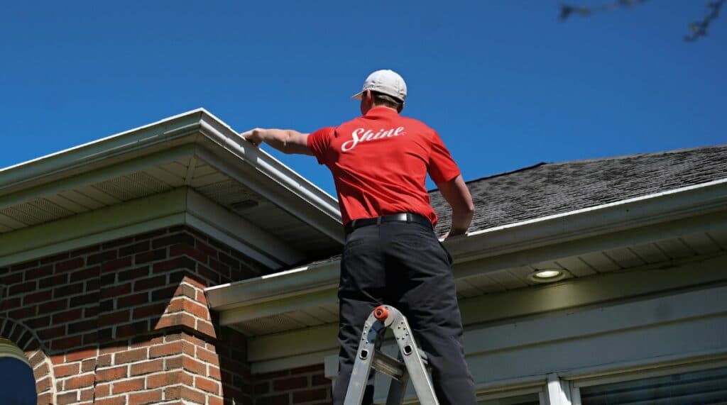 Local gutter cleaner checking roof guttering from a ladder